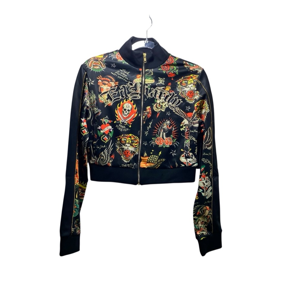 ED HARDY Y2K Shrunken Flashboard Track Jacket‎ M Black  Multi All Over Tattoo - Picture 3 of 11